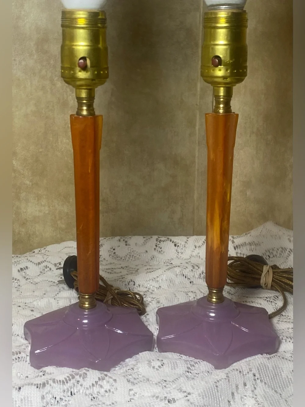 1930s Houze Glass Boudoir Lamps Pressed Glass Butterscotch Bakelite Set Art Deco